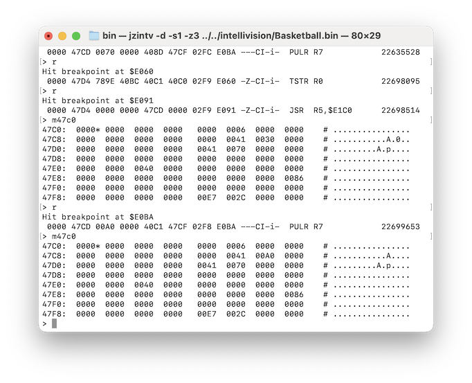 jzintv debug window with the ECS BASIC