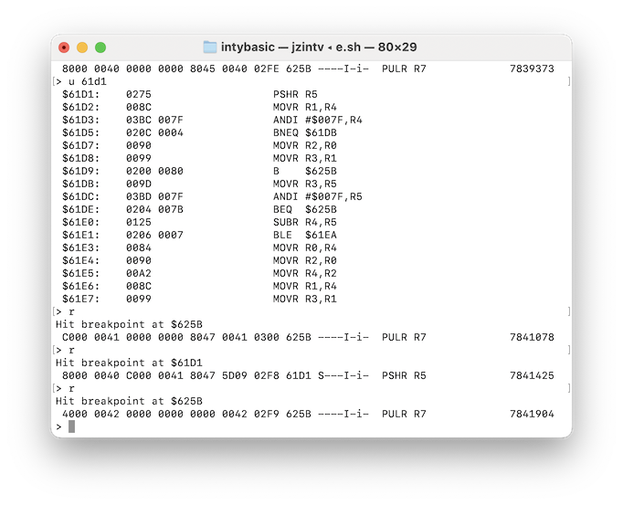 jzintv debug window with my extended ECS BASIC
