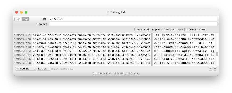 Debugging output showing Wptr (transputer stack) crashing over Iptr (Instruction pointer)