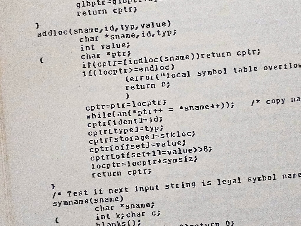 Small-C code fragment where a pointer is saved as two bytes in an array.